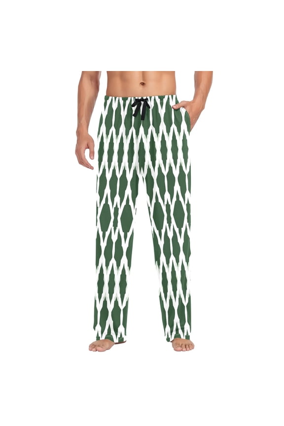 Moroccan Green Stripe Mens Cotton Pajama Pants Long Staple Lightweight Sleep Bottoms with Pockets Breathable