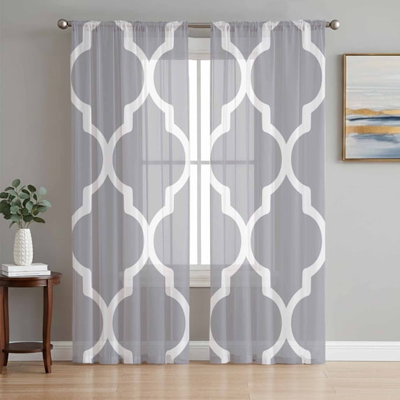 Moroccan Grey Sheer Curtains 84 Inch Length 2 Panels Set, Modern Abstract Geometric Minimalist Voile Window Treatment Rod Pocket Curtains Sheers Drapes for Bedroom/Living Room/Kitchen 52"x84"x2