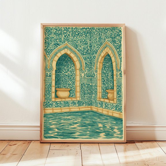 Moroccan Hammam Spa Pool Wall Decor Islamic Architecture Illustration Blue Tile Interior