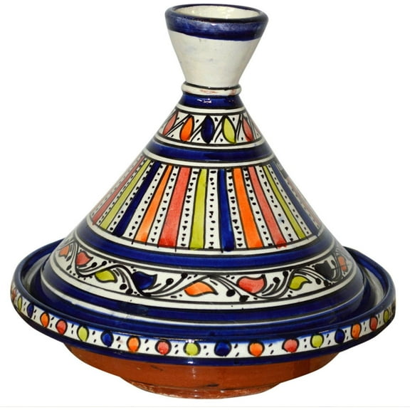 Moroccan Handmade Serving Tagine Ceramic With Vivid colors Original 8 inches Across White & Blue