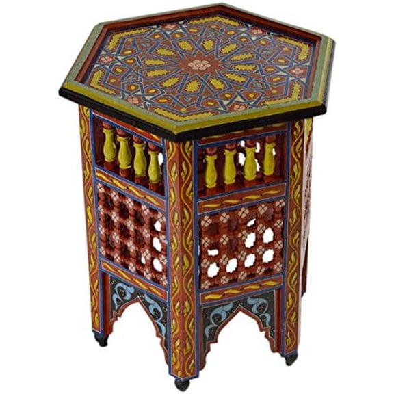 Moroccan Handmade Wood Table Side Moucharabi Delicate Hand Painted Red Exquisite$$Furniture