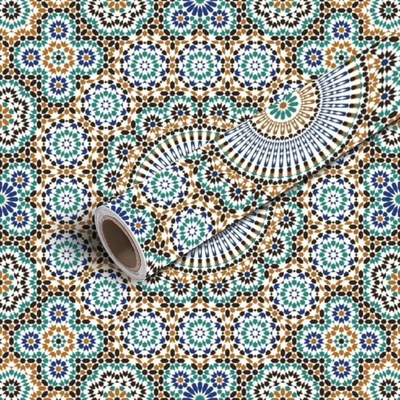 Moroccan Islamic Geometric Wallpaper - Teal Green Golden Beige Self-Adhesive Removable for Bathroom Kitchen Living Room