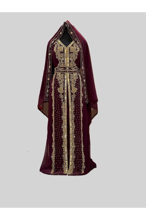 Moroccan Kaftan Dress, Burgundy with Gold Embroidery, Long Maxi Style, Women's Formal Occasion Wear