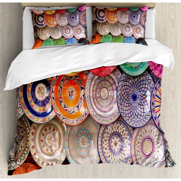 Moroccan King Size Duvet Cover Set, Traditional Arabic Handcrafted Colorful Plates Shot at the Market in Marrakesh, Decorative 3 Piece Bedding Set with 2 Pillow Shams, Multicolor, by Ambesonne