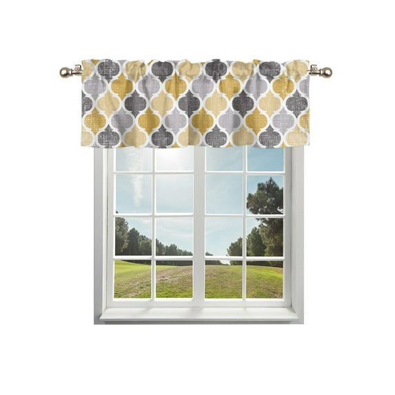 Moroccan Kitchen Curtain Valances for Windows Farmhouse Short Curtains, Vintage Moroccan Texture Yellow Grey Rod Pocket Valance Curtain for Bedroom Cafe Living Room 42"x18"