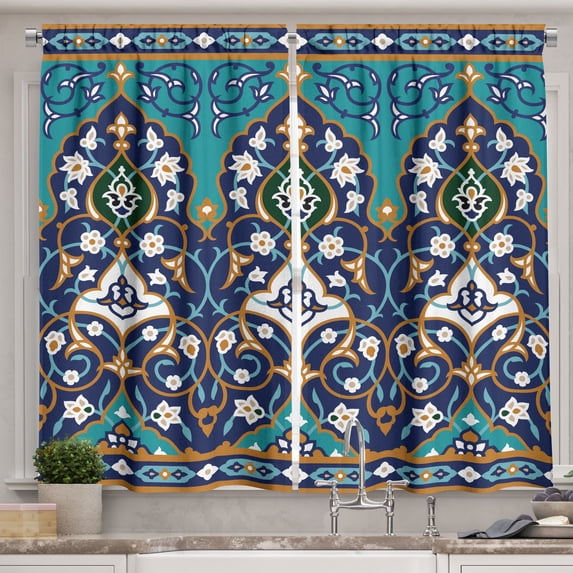 Moroccan Kitchen Curtains, Ottoman Folkloric Art Inspired Abstract Aged Middle Age Renaissance Print, Two Panels Drapes with Rod Pocket Room Decor, 55" X 45", Navy Blue, by Ambesonne