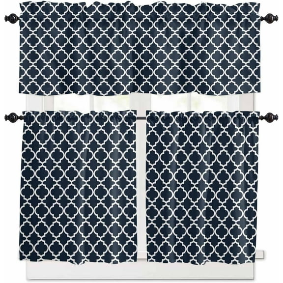 Moroccan Kitchen Curtains and Valances Set, Navy Blue Geometric Rod Pocket Window Valance 18 Inch Farmhouse Abstract Modern Window Curtain Panels for Living Room Bedroom Laundry, 27.5x36in, 3 Pieces
