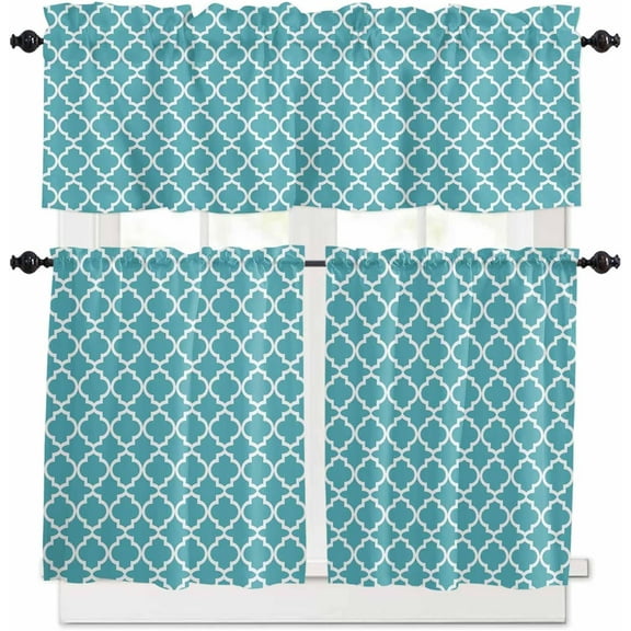 Moroccan Kitchen Curtains and Valances Set, Turquoise Geometric Rod Pocket Window Valance 18 Inch Farmhouse Abstract Modern Window Curtain Panels for Living Room Bedroom Laundry, 27.5x24in, 3 Pieces