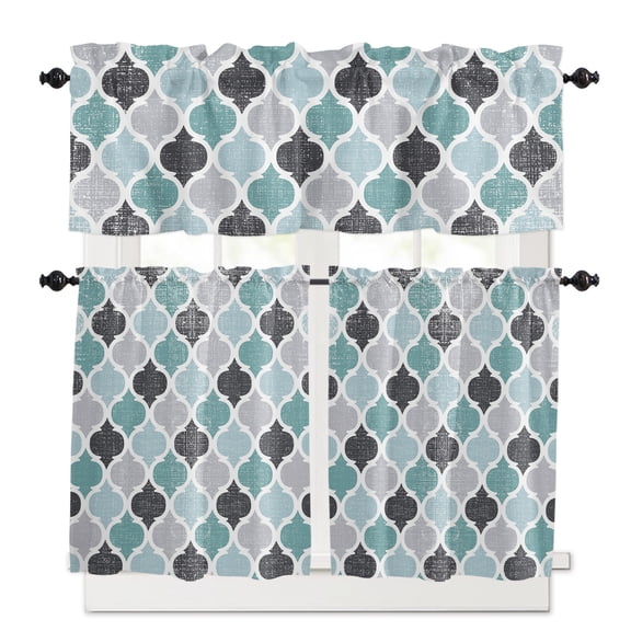 Moroccan Kitchen Curtains Valances and Tiers Set of 3, Geometric Retro 24 Inch Length Tier Curtains and Valance Rod Pocket Valance Curtains Set for Kitchen Bathroom Small Windows