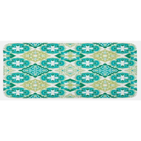 Moroccan Kitchen Mat, Colored Tiled Pattern Geometrical Diagonal and Triangle Forms Oldest Craft, Plush Decorative Kitchen Mat with Non Slip Backing, 47" X 19", Green Teal White, by Ambesonne