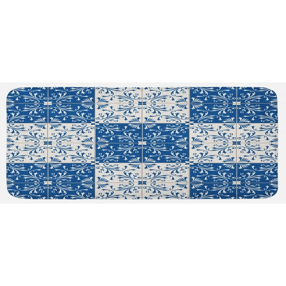 Moroccan Kitchen Mat, Turkish Portuguese Style Mosaic Ceramic Patterns Country Style Vintage Image, Plush Decorative Kitchen Mat with Non Slip Backing, 47" X 19", Navy Blue White, by Ambesonne