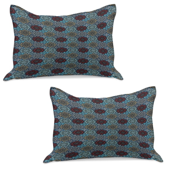 Moroccan Knitted Quilt Pillowcover Set of 2, Patchwork Style Vintage Ottoman Inspiration Retro Motifs, Standard Queen Pillow Sham Bedroom, 30" x 20", Sand Brown Blue and Ruby, by Ambesonne