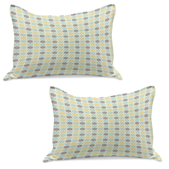 Moroccan Knitted Quilt Pillowcover Set of 2, Symmetrical Pattern with Folkloric Art Motifs Fresh Colors Retro, Standard Queen Pillow Sham Bedroom, 30" x 20", Pale Blue Yellow, by Ambesonne