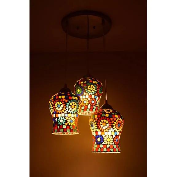 CLASSICO Turkish Mosaic Glass 3-Light Pendant Ceiling Light, Handcrafted Multicolor Glass Shades, E26 Base