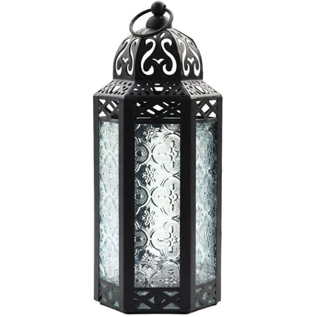 10.5" Medium Moroccan Lantern Candle Holder – Black with Clear Glass, Metal Decorative Lamp for Indoor/Outdoor Patio or Porch Use, Home Decor, Ramadan, Weddings