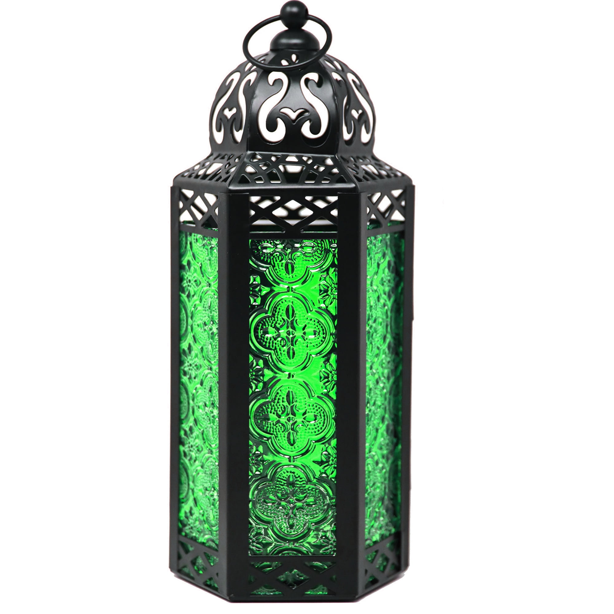 Medium Green Glass Moroccan Style Candle Lantern with Black Metal Frame