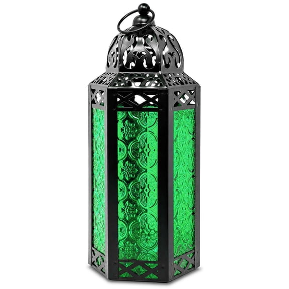10.5" Medium Moroccan Lantern Candle Holder – Black with Green Glass, Metal Decorative Lamp for Indoor/Outdoor Patio or Porch Use, Home Decor, Ramadan, Weddings
