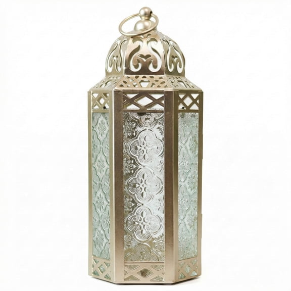 10.5" Medium Moroccan Lantern Candle Holder – White Gold with Clear Glass, Metal Decorative Lamp for Indoor/Outdoor Patio or Porch Use, Home Decor, Ramadan, Weddings