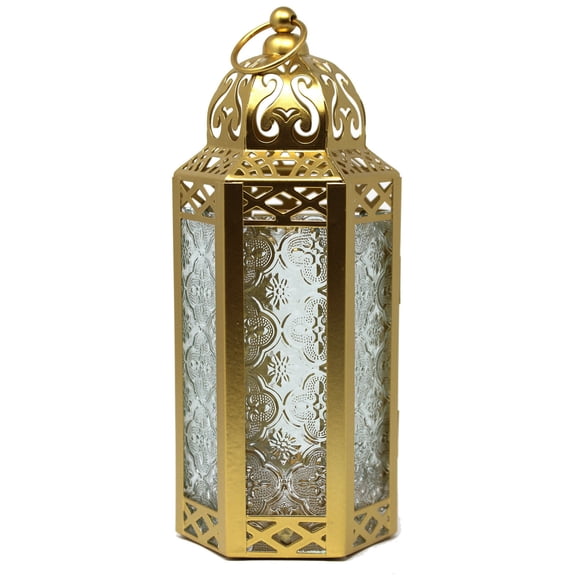 10.5" Medium Moroccan Lantern Candle Holder – Gold with Clear Glass, Metal Decorative Lamp for Indoor/Outdoor Patio or Porch Use, Home Decor, Ramadan, Weddings