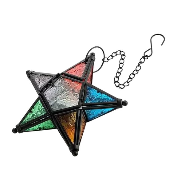 Moroccan Lantern Decorative Star Shaped Stained Glass Tea Light Lantern with Metal Frame Hanging Candle Holder for Indoor Outdoor Patio Garden, Easy Hanging