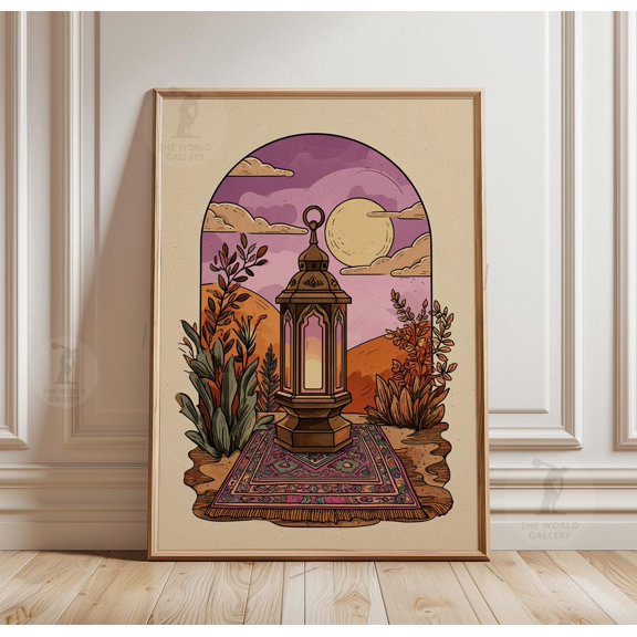 Moroccan Lantern Poster Desert Night Boho Wall Art Illustration