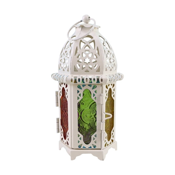 Moroccan Lantern, Vintage Lantern, 11 In, White Metal Candle Holder, Multicolored Glass, Candle Holder Decor, Outdoor Patio, 1 Pc