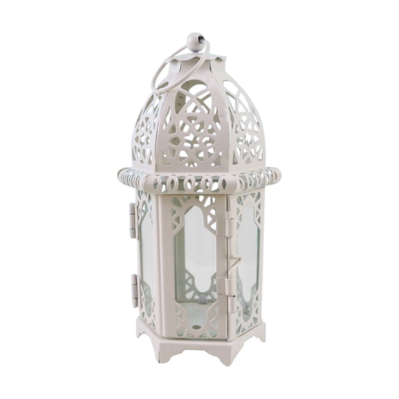 Moroccan Lantern, Vintage Lantern, Lantern Candle Holder, 14 In, White Metal Candle Holder, Glass Hurricane Candle Holder, Candle Holder Decor, Indoor Outdoor Gatherings, Ivory