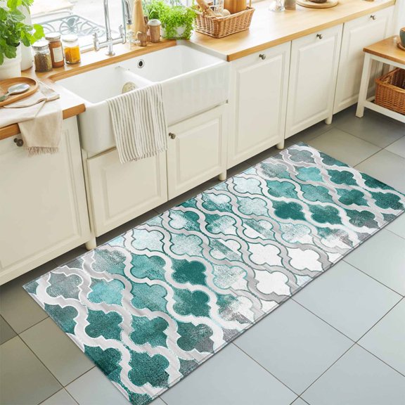 Moroccan Lattice Teal Gradient Rectangle Area Rug 2x6ft,Living Room Rug Non-Slip Washable Circle Rugs Pad,Watercolor Oil Painting Style Soft Floor Carpet for Bedroom Dining Room