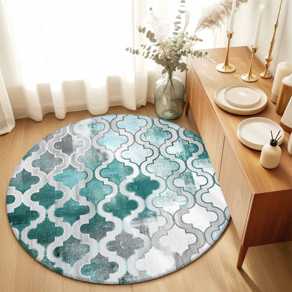 Moroccan Lattice Teal Gradient Round Area Rug 3ft,Living Room Rug Non-Slip Washable Circle Rugs Pad,Watercolor Oil Painting Style Soft Floor Carpet for Bedroom Dining Room