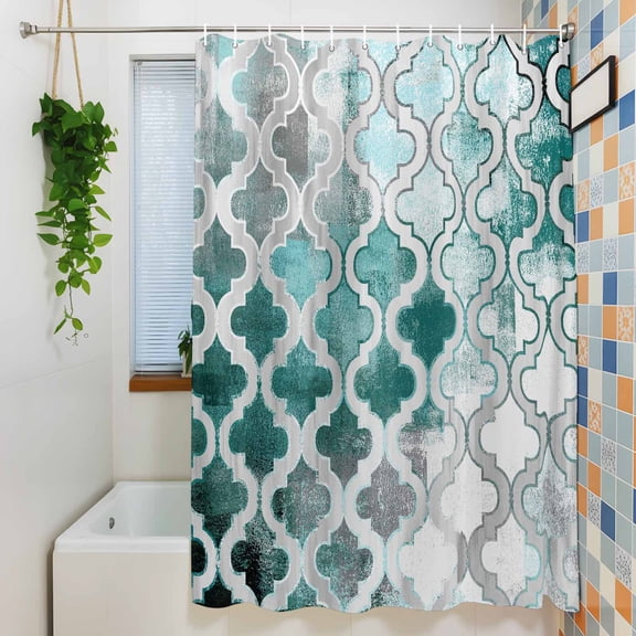 Moroccan Lattice Teal Gradient Shower Curtain for Bathroom, Watercolor Oil Painting Style Waterproof Shower Curtains Washable Quick Dry with Hooks Bathtub Curtains 36x72IN