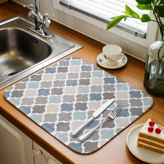 Moroccan Lattice Texture 1 Pack Dish Drying Mat,Absorbent Drying Pad Blue Grey Retro Geometric Art Microfiber Kitchen Countertop Protector Mats Dish Drainer Rack Mat for Dishes Cups Glassware,16x18in