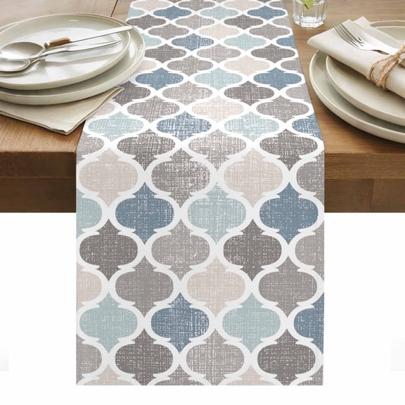 Moroccan Lattice Texture Table Runner-36 Inch Long Blue Grey Retro Geometric Art Table Runners Linen Burlap Tablerunner for Kitchen Dining Room Holiday Party