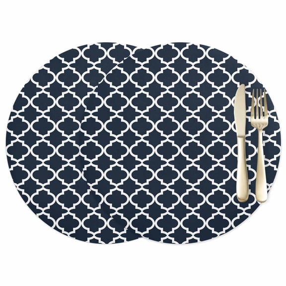 Moroccan Leather Placemats Set of 2, 12 Inch, Navy Blue Geometric Farmhouse Abstract Modern Waterproof Oil-Proof Place Mats, Non-Slip Table Mats for Kitchen, Dining Room, Indoor Outdoor