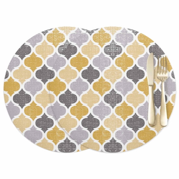 Moroccan Leather Placemats Set of 2, 12 Inch, Yellow Gray Geometric Retro Waterproof Oil-Proof Place Mats, Non-Slip Table Mats for Kitchen, Dining Room, Indoor Outdoor
