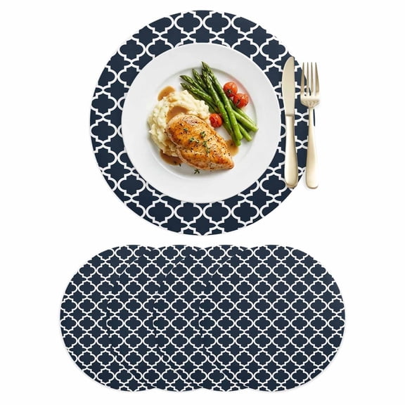Moroccan Leather Placemats Set of 4, 12 Inch, Navy Blue Geometric Farmhouse Abstract Modern Waterproof Oil-Proof Place Mats, Non-Slip Table Mats for Kitchen, Dining Room, Indoor Outdoor