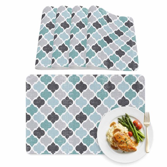 Moroccan Leather Placemats Set of 4, 12x18 Inch, Teal Geometric Retro Waterproof Oil-Proof Place Mats, Non-Slip Table Mats for Kitchen, Dining Room, Indoor Outdoor
