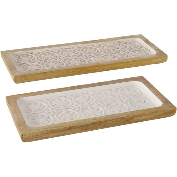 2 Piece Mandala Tray Set, Daisy Pattern, Beige and White, Solid Wood, Food Safe, 19.75 x 7.5 and 15.75 x 7.5 Inches