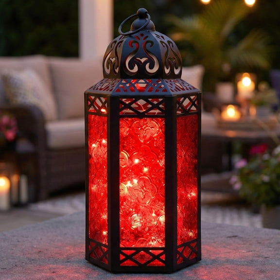 Moroccan Metal Candle Lantern Holder with LED Fairy String Lights, Large, Red
