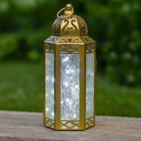 Moroccan Metal Candle Lantern Holder with LED Fairy String Lights, Medium, Gold