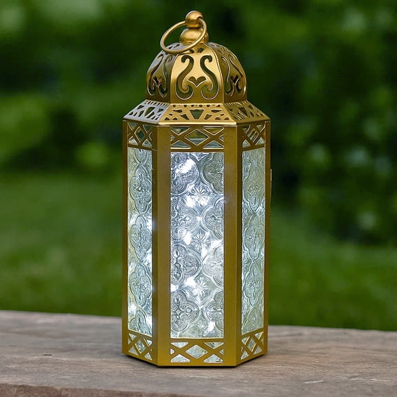 Moroccan Metal Candle Lantern Holder with LED Fairy String Lights, Medium, Gold
