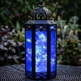 thumbnail image 1 of Moroccan Metal Candle Lantern Holder with LED Fairy String Lights, Medium, White Gold, 1 of 11