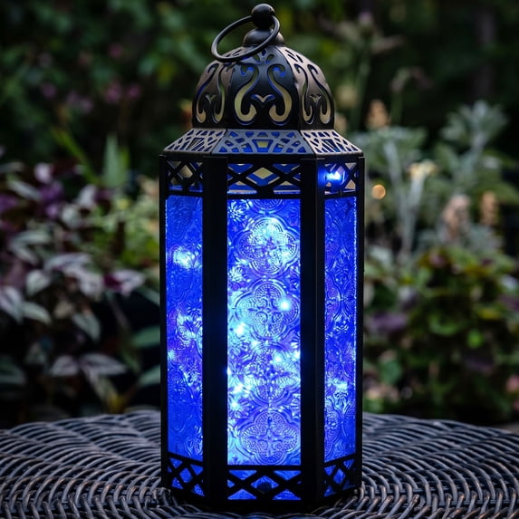 Moroccan Metal Candle Lantern Holder with LED Fairy String Lights, Medium, White Gold