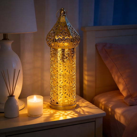 Moroccan Metal Lantern Holder, Decorative Candle Lantern Stand, Golden Hollow Metal Lantern for Home Decor, Ramadan Eid Centerpiece, Bohemian Wedding Table Decor, Floor or Hanging