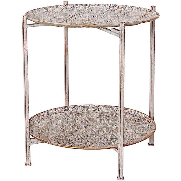 Moroccan Metal Side Table, Intricate Pattern, Removable Lattice Trays, Foldable, Antique Champagne Gold with White Patina, Distressed Finish, 20 Inches Tall$$Furniture