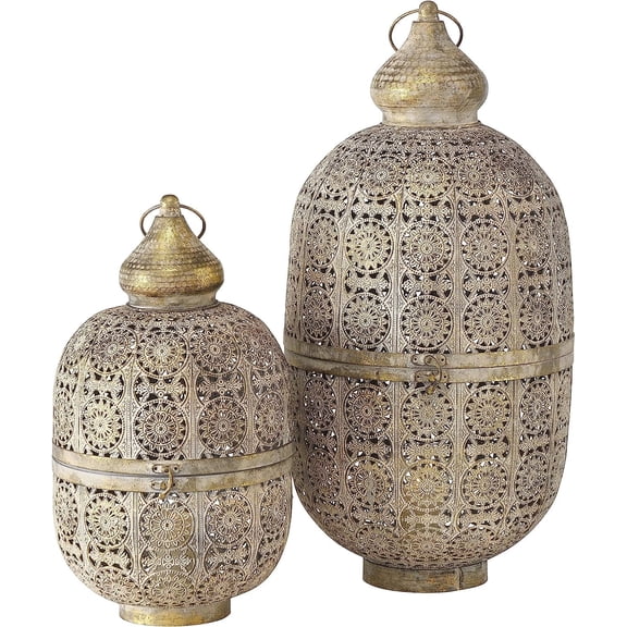 Moroccan Metal Temple Lanterns, Luxury Floor Hurricanes, Set of 2, For LED or Wax Candles, Sealed Iron, Antiqued Patina, Hinged Top, 25.5 and 17.75 Inches Tall, Global Chic Collection