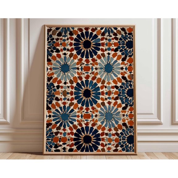 Moroccan Mosaic Geometric Pattern Blue Terracotta Tile Wall Art Print, Unframed Paper Poster 8x10in