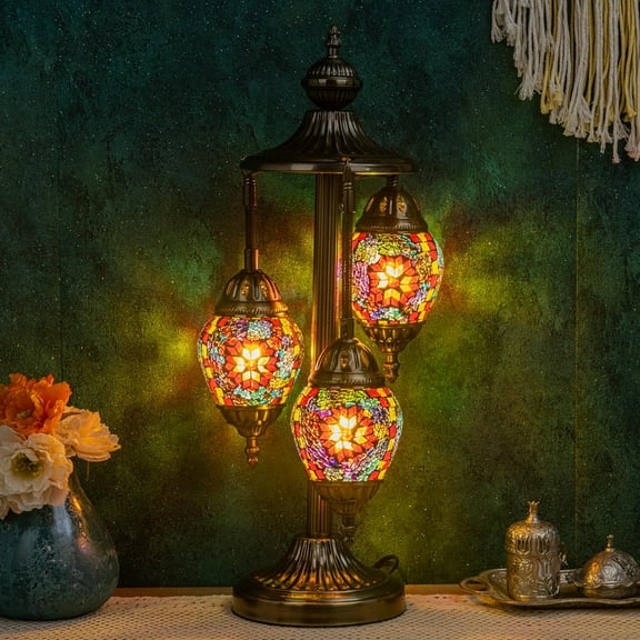 Moroccan Mosaic Lamps Turkish Table Lamps, Handmade 3 Globes Turkish Light with Glass Shard and  Base Including 3 LED Bulbs for Living Room Bedroom Decor (Coloful)