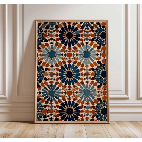 Moroccan Mosaic Wall Art Print, Geometric Pattern Poster, Blue and Terracotta Abstract Tile Design, Boho Home Decor