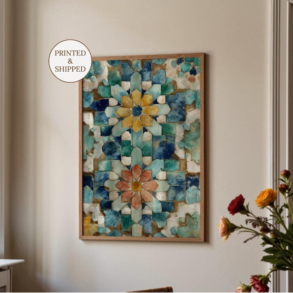 Moroccan Mosaic Wall Art, Zellige Tile Poster, Blue Geometric Pattern Print, Mediterranean Boho Decor, Bathroom Wall Decor