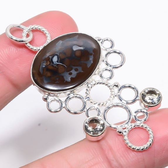 Moroccan Mud Crack Fossil & Smokey Quartz 925 Sterling Silver Pendant 2.36" W123, Beautiful Jewelry For Woman, New Year Sale, Valentin's Day Gift